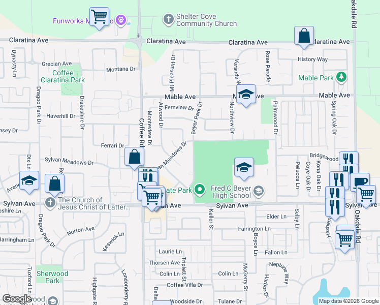 map of restaurants, bars, coffee shops, grocery stores, and more near 3705 Beyer Park Drive in Modesto