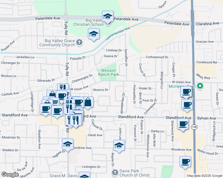 map of restaurants, bars, coffee shops, grocery stores, and more near 1000 Noarco Drive in Modesto
