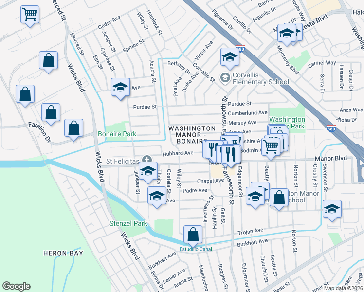 map of restaurants, bars, coffee shops, grocery stores, and more near 1387 Hubbard Avenue in San Leandro