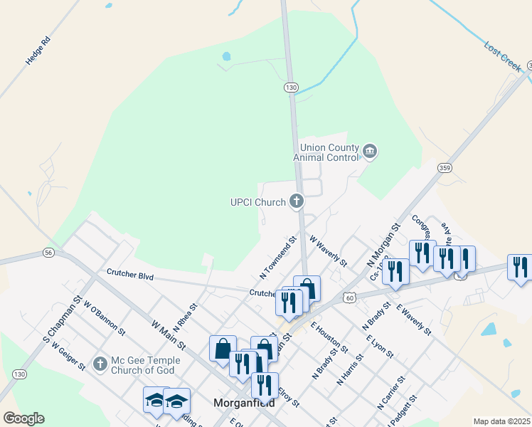 map of restaurants, bars, coffee shops, grocery stores, and more near 520 North Townsend Street in Morganfield