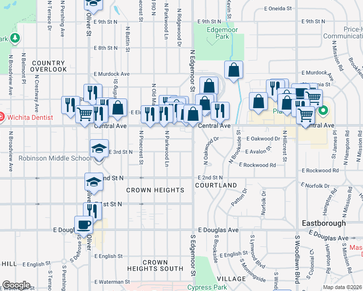 map of restaurants, bars, coffee shops, grocery stores, and more near 5516 East 3rd Street North in Wichita