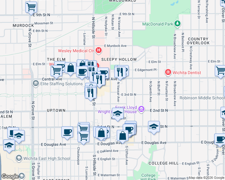 map of restaurants, bars, coffee shops, grocery stores, and more near 367 North Vassar in Wichita