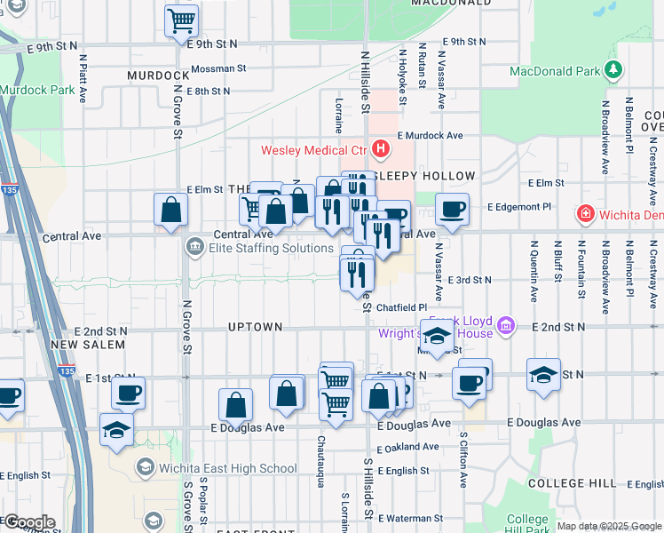 map of restaurants, bars, coffee shops, grocery stores, and more near 401 North Lorraine in Wichita