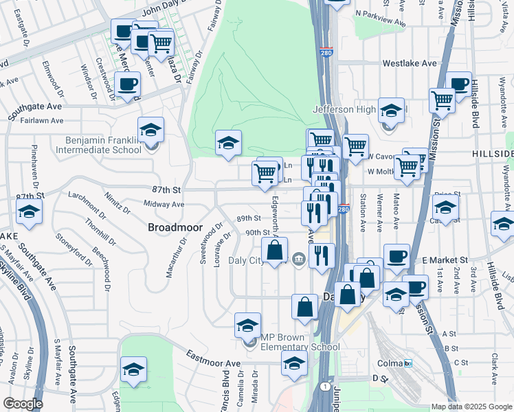 map of restaurants, bars, coffee shops, grocery stores, and more near 365 88th Street in Daly City