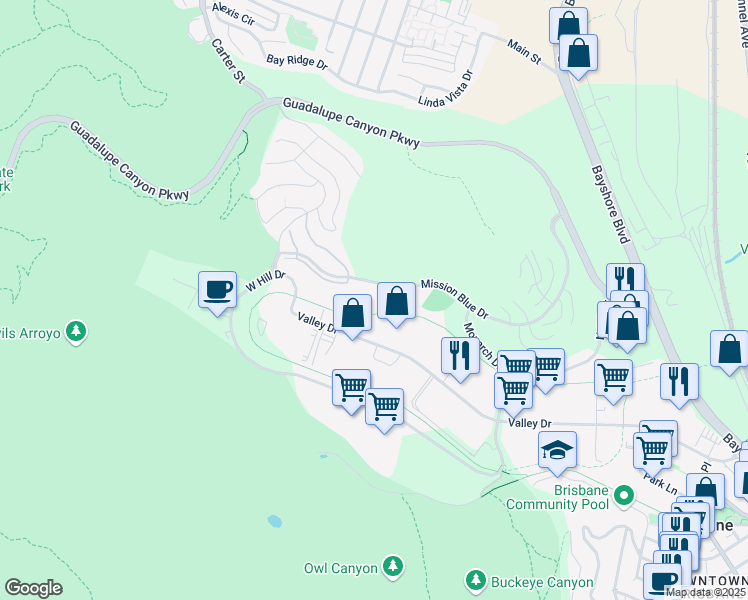 map of restaurants, bars, coffee shops, grocery stores, and more near 213 Crescent Court in Brisbane