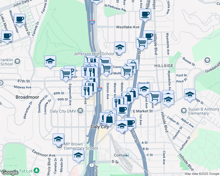 map of restaurants, bars, coffee shops, grocery stores, and more near 175 Station Avenue in Daly City