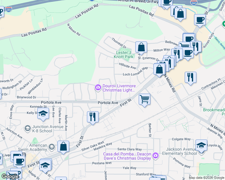 map of restaurants, bars, coffee shops, grocery stores, and more near 3839 Inverness Common in Livermore