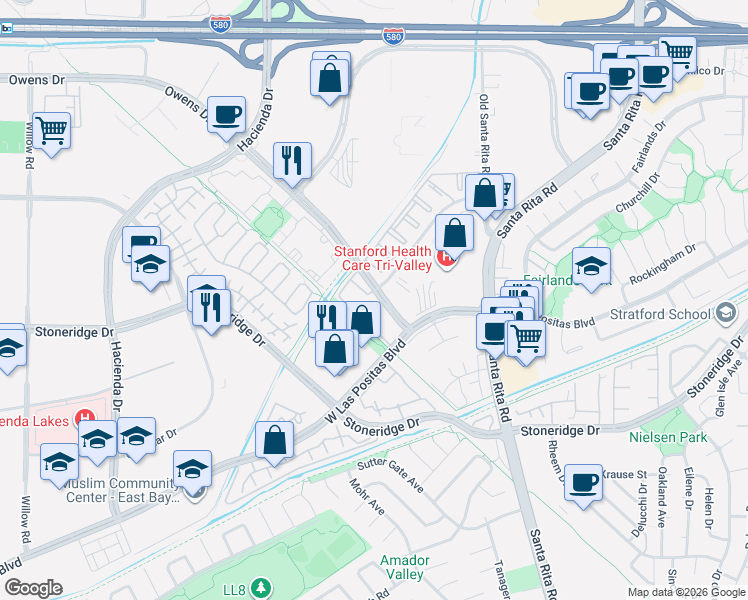 map of restaurants, bars, coffee shops, grocery stores, and more near 4990 Owens Drive in Pleasanton