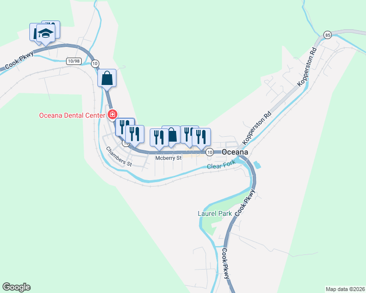 map of restaurants, bars, coffee shops, grocery stores, and more near 1009 Cook Parkway in Oceana