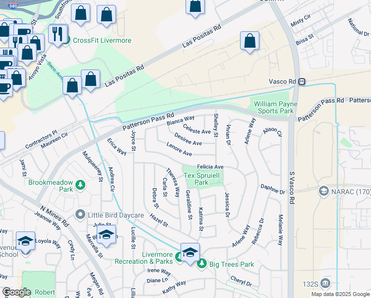 map of restaurants, bars, coffee shops, grocery stores, and more near 5336 Lenore Avenue in Livermore