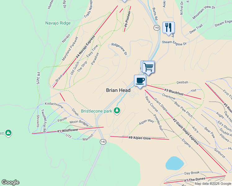 map of restaurants, bars, coffee shops, grocery stores, and more near 356 South Highway in Brian Head