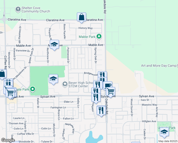 map of restaurants, bars, coffee shops, grocery stores, and more near 2017 Bridgewood Way in Modesto