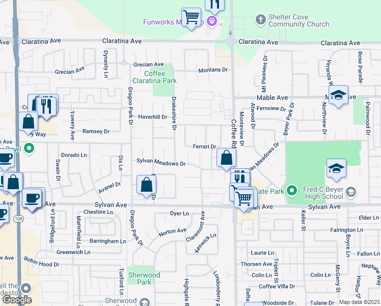 map of restaurants, bars, coffee shops, grocery stores, and more near 3616 Cherryglen Way in Modesto