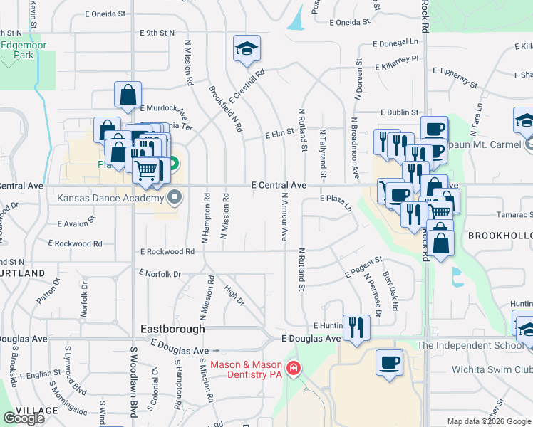map of restaurants, bars, coffee shops, grocery stores, and more near 340 North Stratford Lane in Wichita