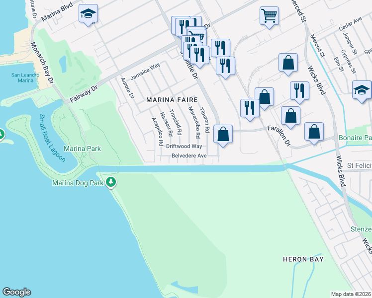map of restaurants, bars, coffee shops, grocery stores, and more near 2364 Driftwood Way in San Leandro