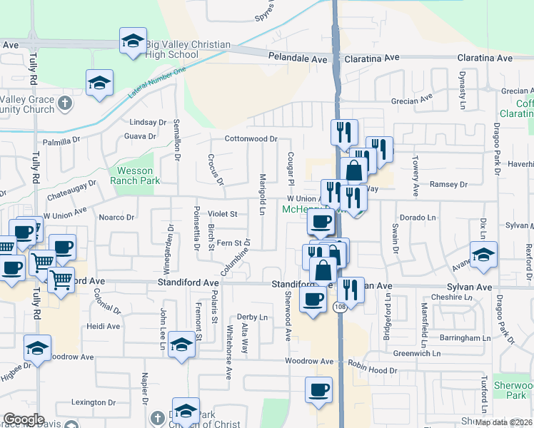 map of restaurants, bars, coffee shops, grocery stores, and more near 3800 Marigold Lane in Modesto