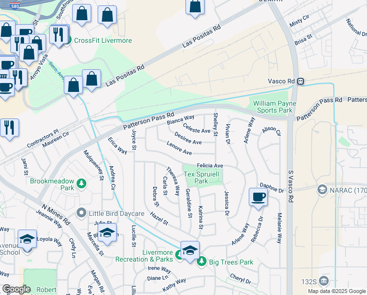 map of restaurants, bars, coffee shops, grocery stores, and more near 5333 Lenore Avenue in Livermore