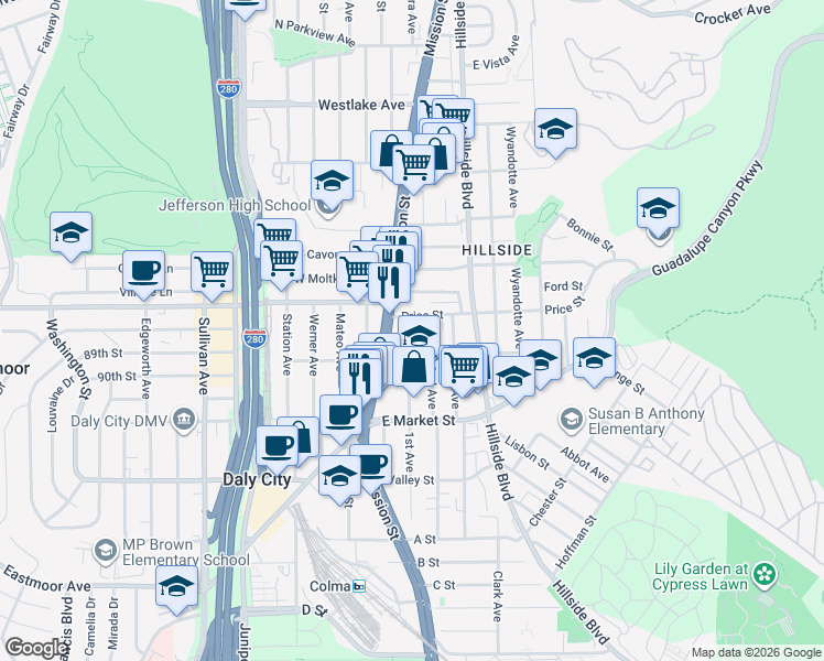 map of restaurants, bars, coffee shops, grocery stores, and more near 86 1st Avenue in Daly City