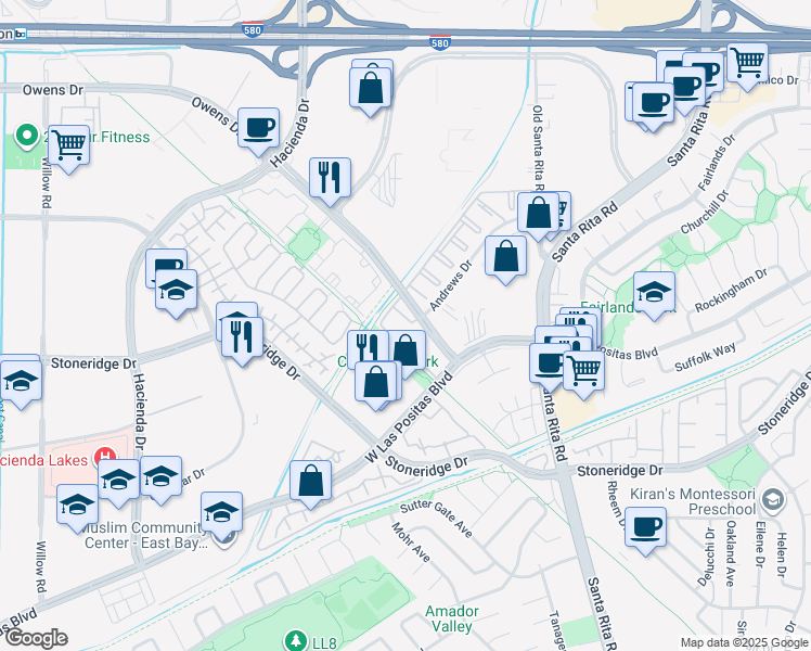map of restaurants, bars, coffee shops, grocery stores, and more near 4990 Owens Drive in Pleasanton