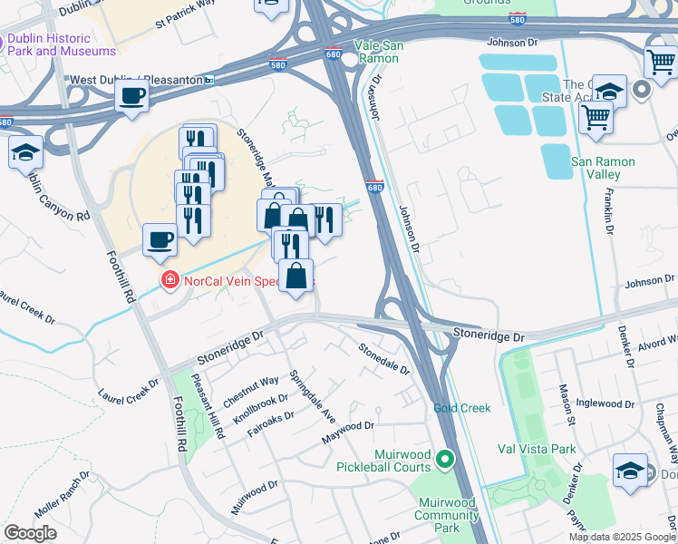 map of restaurants, bars, coffee shops, grocery stores, and more near 6330 Stoneridge Mall Road in Pleasanton