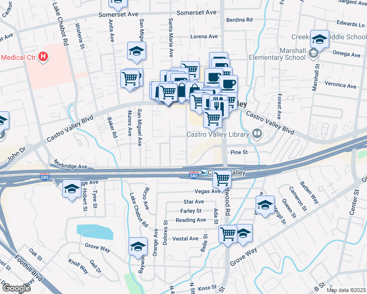 map of restaurants, bars, coffee shops, grocery stores, and more near 21091 Wilbeam Avenue in Castro Valley