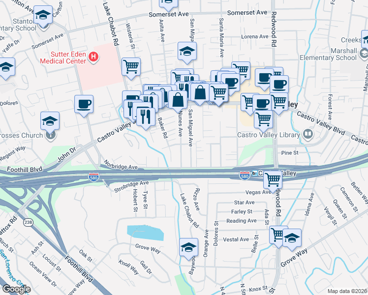 map of restaurants, bars, coffee shops, grocery stores, and more near 21096 Nunes Avenue in Castro Valley