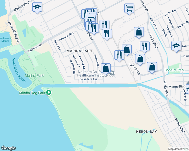 map of restaurants, bars, coffee shops, grocery stores, and more near 2252 Belvedere Avenue in San Leandro