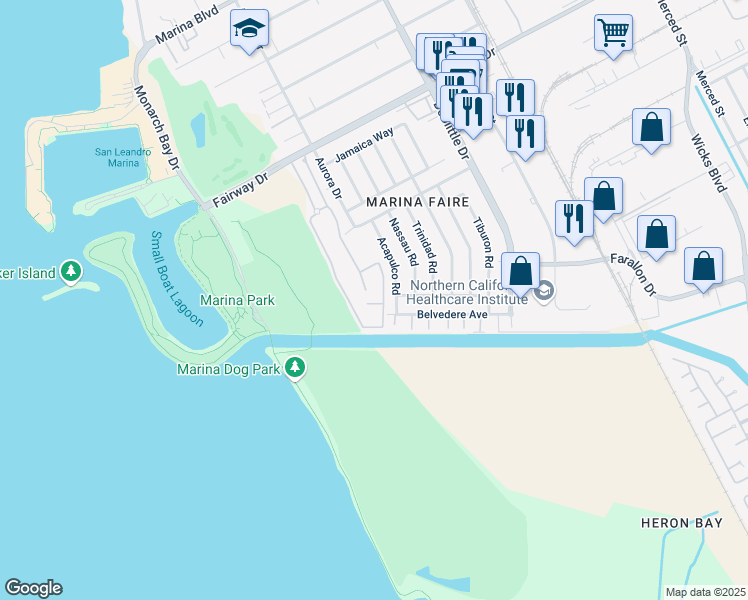 map of restaurants, bars, coffee shops, grocery stores, and more near 2504 Galleon Place in San Leandro