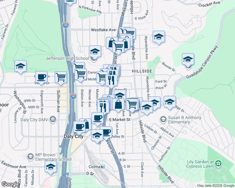 map of restaurants, bars, coffee shops, grocery stores, and more near 86 1st Avenue in Daly City