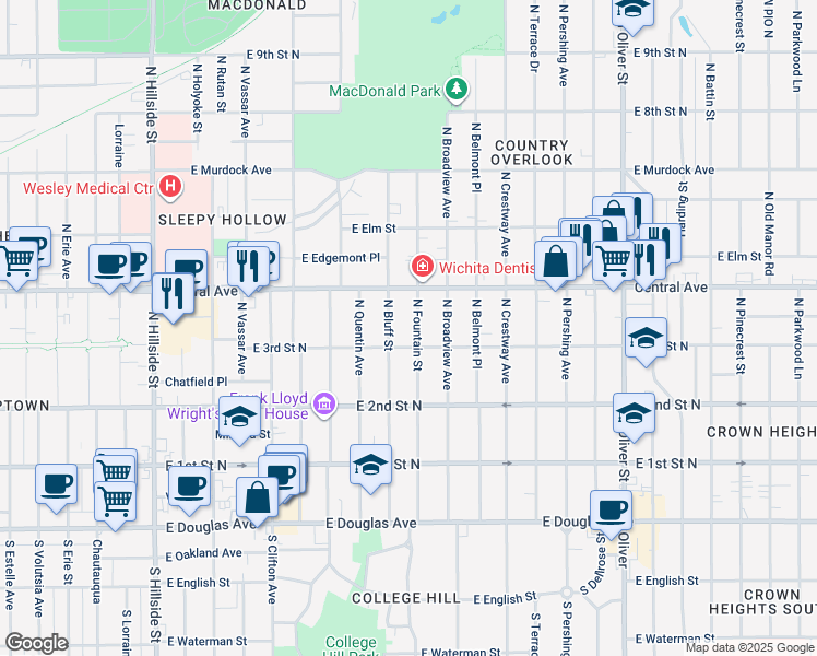 map of restaurants, bars, coffee shops, grocery stores, and more near 4100-4198 E 3rd Street North in Wichita