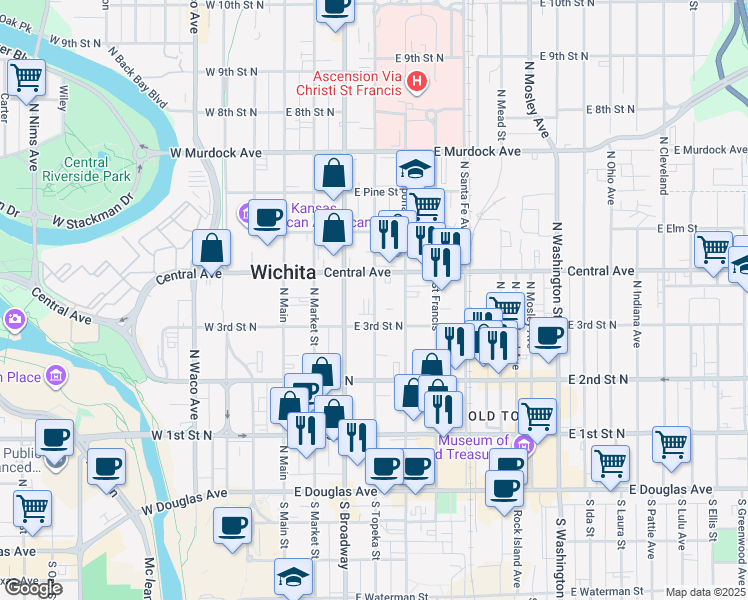 map of restaurants, bars, coffee shops, grocery stores, and more near 425 North Topeka in Wichita