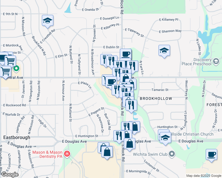 map of restaurants, bars, coffee shops, grocery stores, and more near 7703 East Central Avenue in Wichita