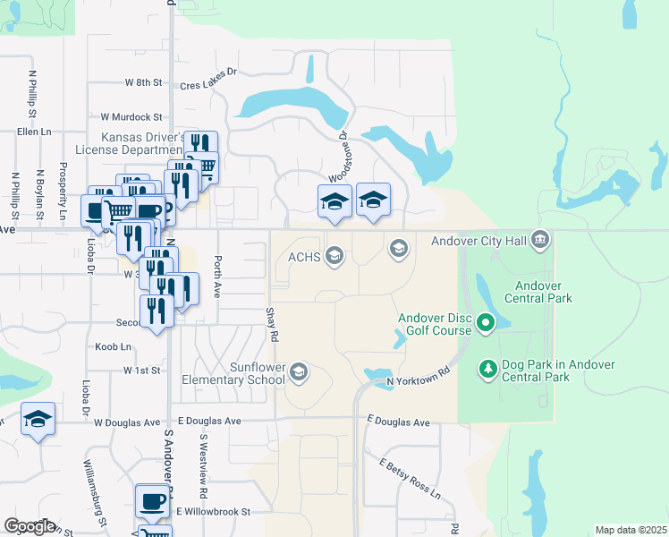 map of restaurants, bars, coffee shops, grocery stores, and more near 603 East Central Avenue in Andover