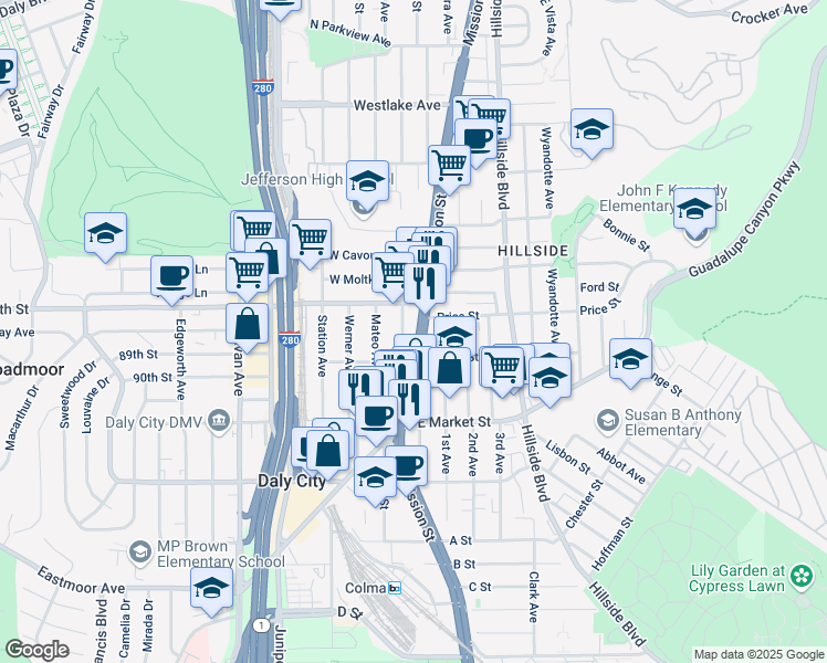 map of restaurants, bars, coffee shops, grocery stores, and more near 180 Bruno Avenue in Daly City