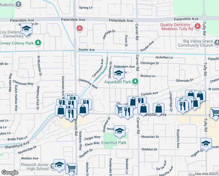 map of restaurants, bars, coffee shops, grocery stores, and more near 3700 Shawnee Drive in Modesto