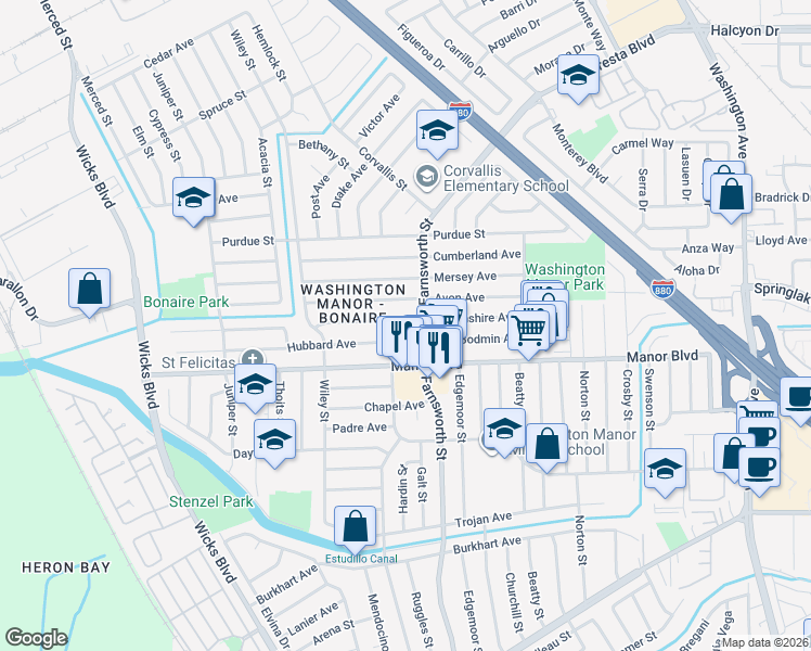 map of restaurants, bars, coffee shops, grocery stores, and more near 1250 Hubbard Avenue in San Leandro