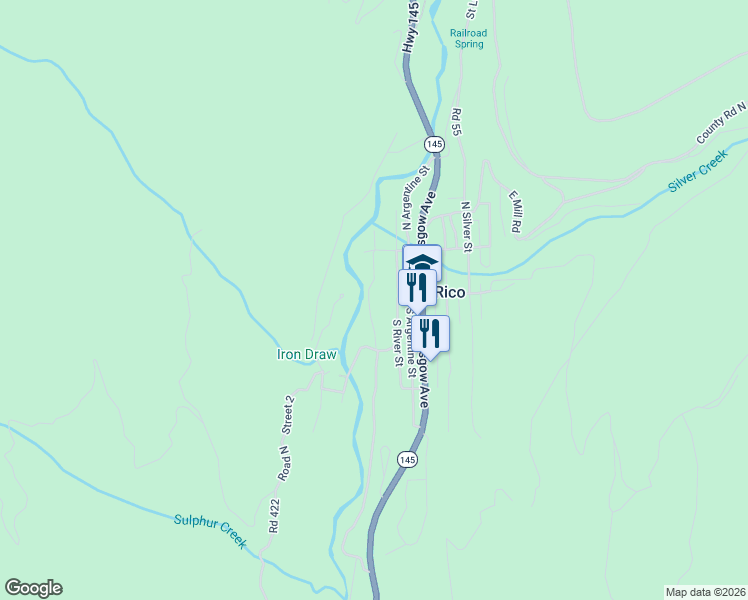 map of restaurants, bars, coffee shops, grocery stores, and more near 20 North Picker Street in Rico