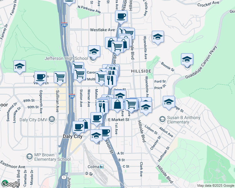 map of restaurants, bars, coffee shops, grocery stores, and more near 86 1st Avenue in Daly City