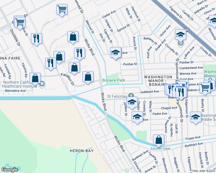 map of restaurants, bars, coffee shops, grocery stores, and more near 1787 Hubbard Avenue in San Leandro