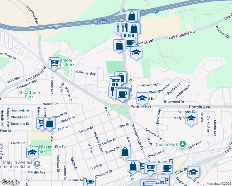map of restaurants, bars, coffee shops, grocery stores, and more near 2000 Portola Avenue in Livermore
