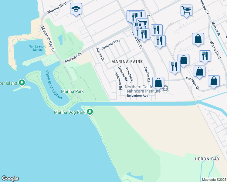 map of restaurants, bars, coffee shops, grocery stores, and more near 2504 Galleon Place in San Leandro