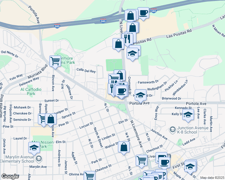 map of restaurants, bars, coffee shops, grocery stores, and more near 2000 Portola Avenue in Livermore