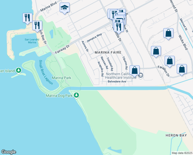 map of restaurants, bars, coffee shops, grocery stores, and more near 2515 Galleon Place in San Leandro