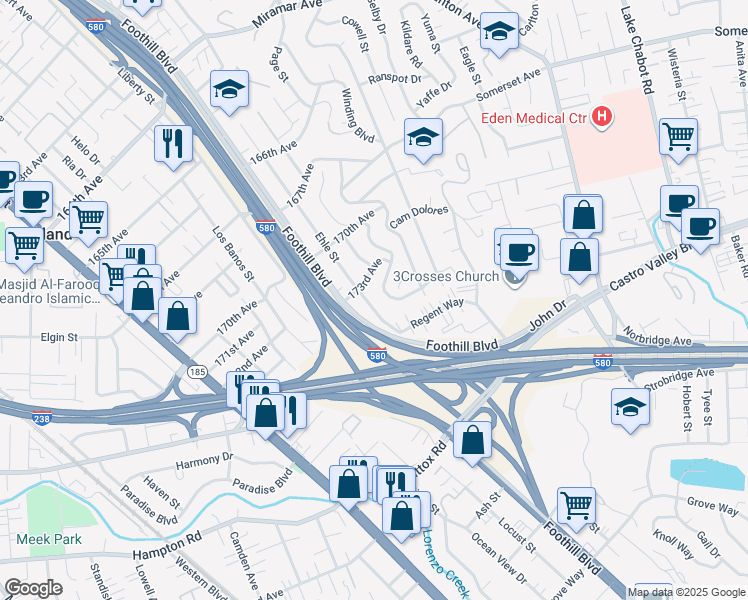 map of restaurants, bars, coffee shops, grocery stores, and more near 17324 Ehle Street in Castro Valley