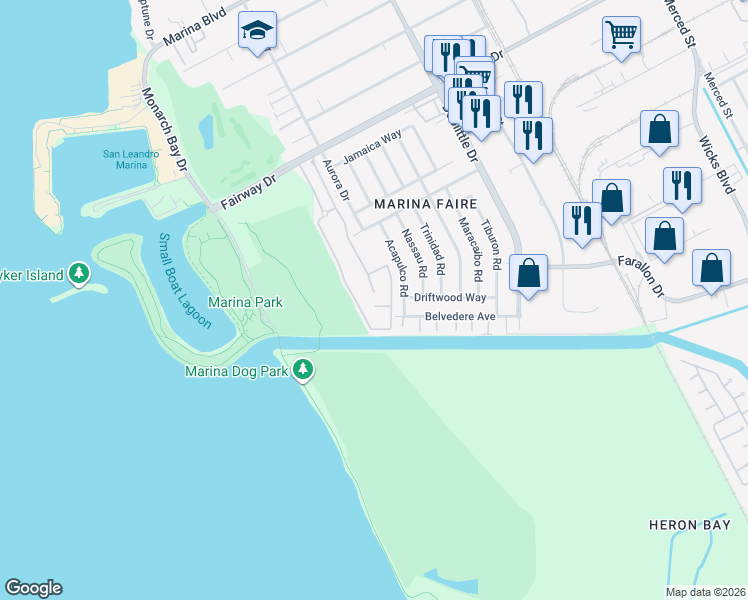 map of restaurants, bars, coffee shops, grocery stores, and more near 2515 Galleon Place in San Leandro