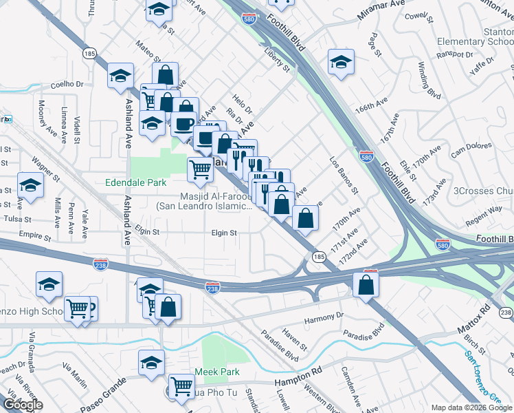 map of restaurants, bars, coffee shops, grocery stores, and more near 16611 E 14th St in San Leandro