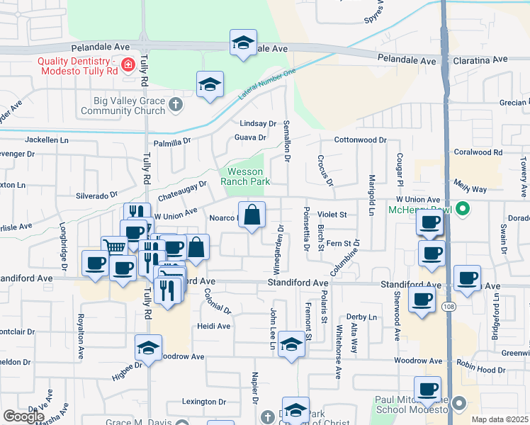 map of restaurants, bars, coffee shops, grocery stores, and more near 840 Grapeleaf Way in Modesto