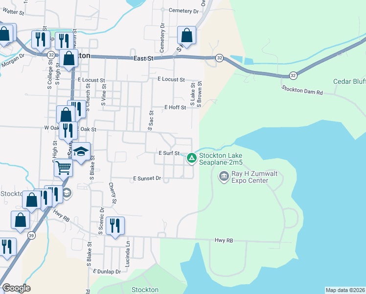 map of restaurants, bars, coffee shops, grocery stores, and more near East Surf Street in Stockton