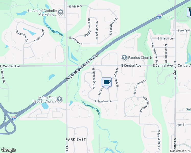map of restaurants, bars, coffee shops, grocery stores, and more near 4 North Stagecoach Street in Wichita