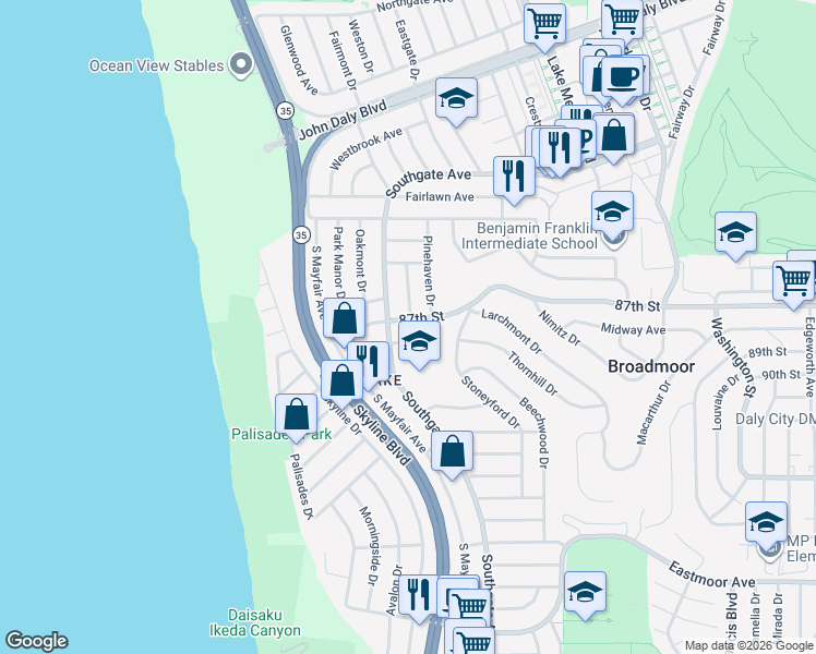 map of restaurants, bars, coffee shops, grocery stores, and more near 1063 87th St in Daly City